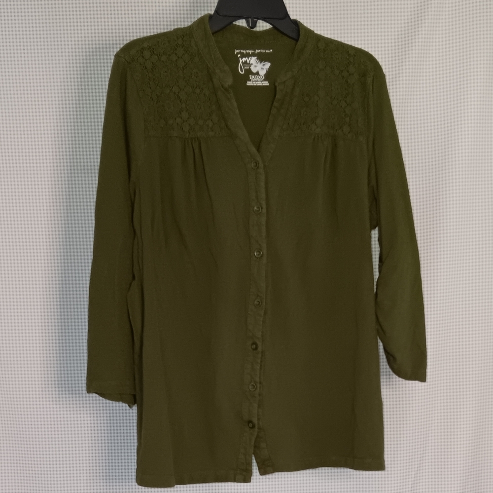 JMS 100% Cotton Olive Green 3/4 Sleeve Embroidered Pattern Button Up Top Size 2X